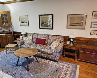 Upholstered sofa (from Willis Wayside), blanket chest/trunk 