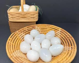 Vintage Antique Blown Milk Glass Eggs & Handmade Baskets