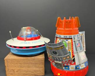 Vintage 1950s 1960s Spaceship Tin Litho Toys - Need Repairs