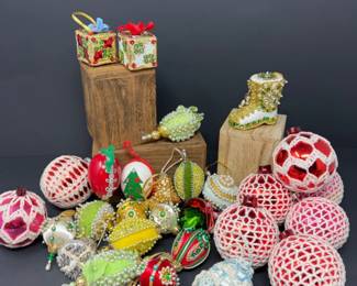 Vintage Push Pin & Crochet Cover Glass Bulb Christmas Ornaments