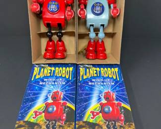 2000s Tin Wind-Up Plant Robot Pair - Red & Shimmer Blue