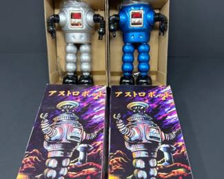 NIB B-9 Tin Wind-Up Robots - Silver & Blue
