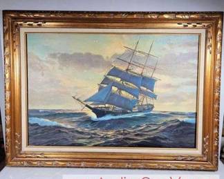 Original Oil on Canvas Painting of a Clipper Ship in Rough Seas was painted and signed by Henry Plawin