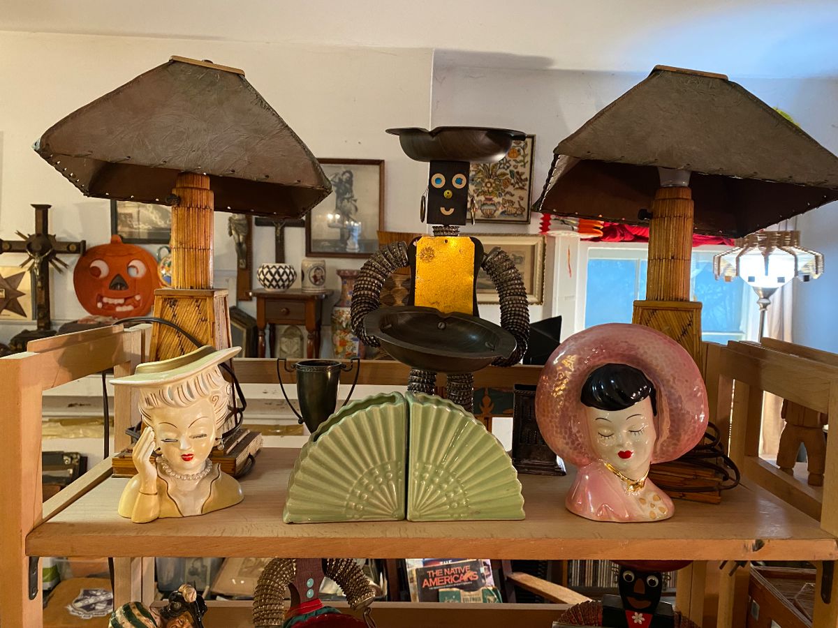 Head vases, tramp art match stick lamps, tramp/folk/prison art bottle cap ashtray people