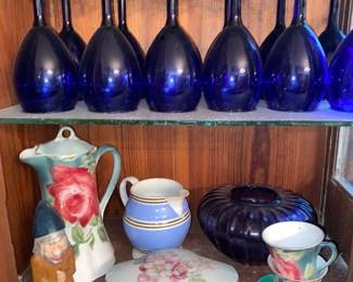 Cobalt blue stemware, tea cups, painted china, mocha ware pitcher