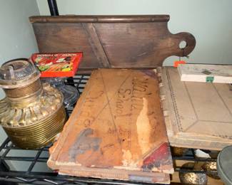 Lantern, grater, ledgers 