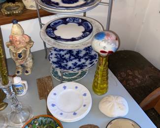 Flo blue plates and misc. Vtg. Pottery, ceramic and glass