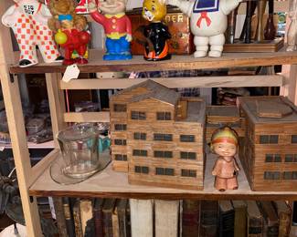 Vtg. Toys, books , bobble head, folk art match stick building 