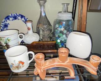 Marbles, candlestick , plates and cups