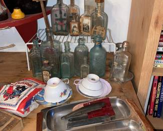 Vtg. Bottles, teacups and trays 
