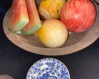Stone/ Alabaster fruit in antique wooden bowl and more