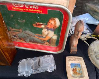 Vtg. Coke tray, Vtg. Advertising ashtray, carved figure