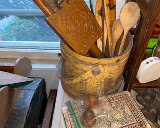 Antique firkin full of Vtg. Wooden kitchen tools/ Inlaid trinket box