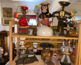 Folk art bottle cap “ashtray people”, battery op. Mechanical monkey, Vtg. Scale, MCM ceramic and metal vessels and more