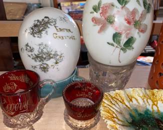 2 Victorian milk glass Easter eggs, ruby red  souvenir glassware