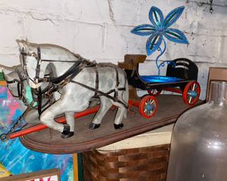 Carved wood horses and cart-as is 