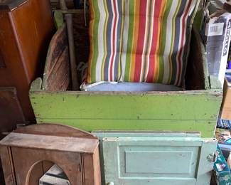 Antique green storage box , wall cabinet, door pieces, seat cushions