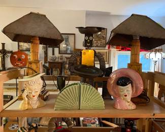 Head vases, tramp art match stick lamps, tramp/folk/prison art bottle cap ashtray people