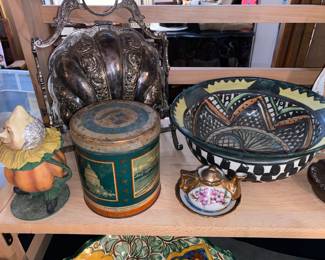 Close up Porcelli ceramic bowl, silver plate , Vtg. tin