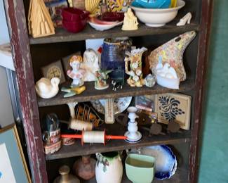 Primitive corner cupboard filled with pottery, ceramic pieces and Vtg. Decor