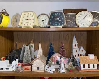 Clock collection -putz houses  and Vtg. Trees