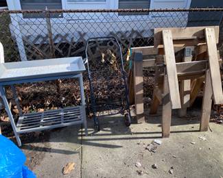 Saw horses, granny cart, metal framed table with removable trau top