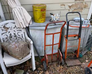 Yard storage cupboards, 2 wheel dollies,Vtg. Chip can