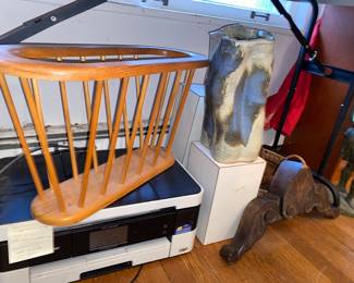 MCM magazine rack, printer, pottery