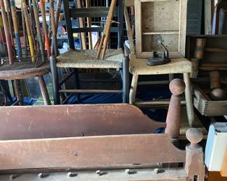 Rope bed headboard and footboard, antique and Vtg. Chairs