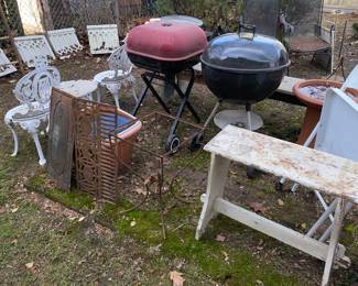 Metal items, small wood bench 