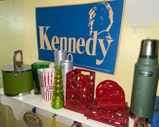 Stanley thermos, Vtg. Ice bucket, Kennedy political poster 
