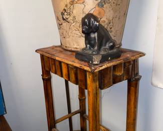 Bamboo table / end of day glass dog/ antique Mickey and friends tin bucket