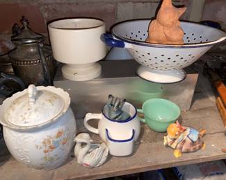Pottery biscuit, metal colander , shaving mug and more 