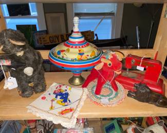 Ohio art top, mechanical bear and child’s sewing machine 