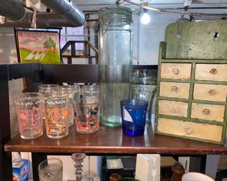 Vtg. Spice cabinet, Vtg. Glassware
