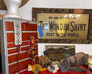 Spice cabinet, framed Wonder Shirt advert., tramp art animals