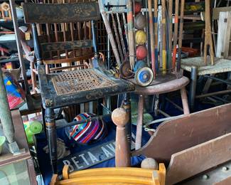 Antique chairs, croquet set, bed frames, folding chairs 
