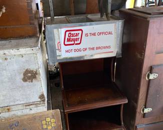 Multi tiered side table, Oscar Mayer hotdog concession container, gray shoe shine box