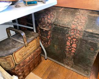 Antique trunk, metal and woven baskets