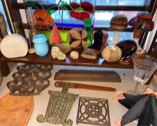 Sewing pin cushions , metal trivets, stained glass panel