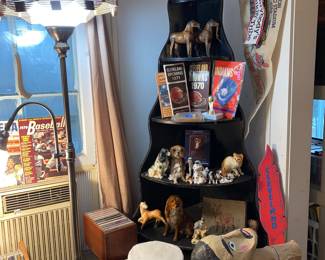 Ceramic animals, sports ephemera, antique shelf and table and more