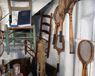 Vtg. Tennis rackets and chairs