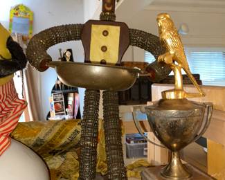 Folk art bottle cap ashtray person, budgie trophy and more
