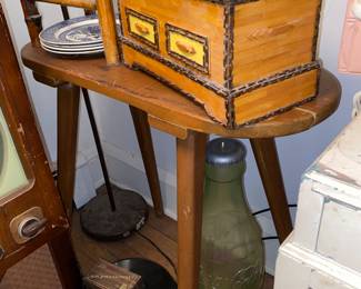 Tramp art box/ rustic table/ Coke bank 