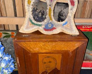 Victorian beaded double photo holder, wooden inlaid box with portrait