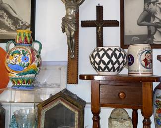 Tramp art crosses, Native American pottery, German mug and more
