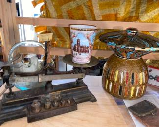 Close up of scale, MCM ceramic and metal containers and more