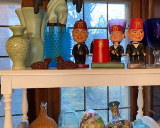 Vtg. Pottery, Shriner bobble heads, Vtg. Glass, paper mache’ Easter egg and more