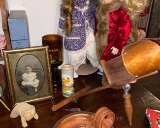 Antique dolls, carved animals, stereopticon 