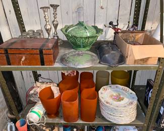 Glass vases, antique plates, wooden box